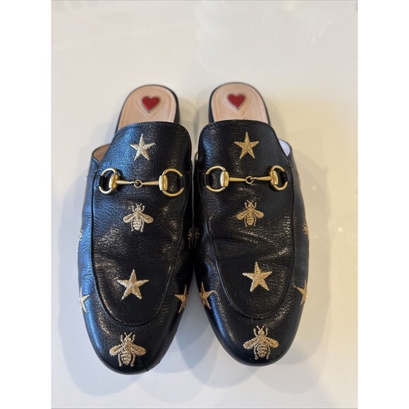 Gucci Princetown Black Leather Embroidered Bee  Horsebit Slide Mules EU 39 US 9 - Picture 1 of 8